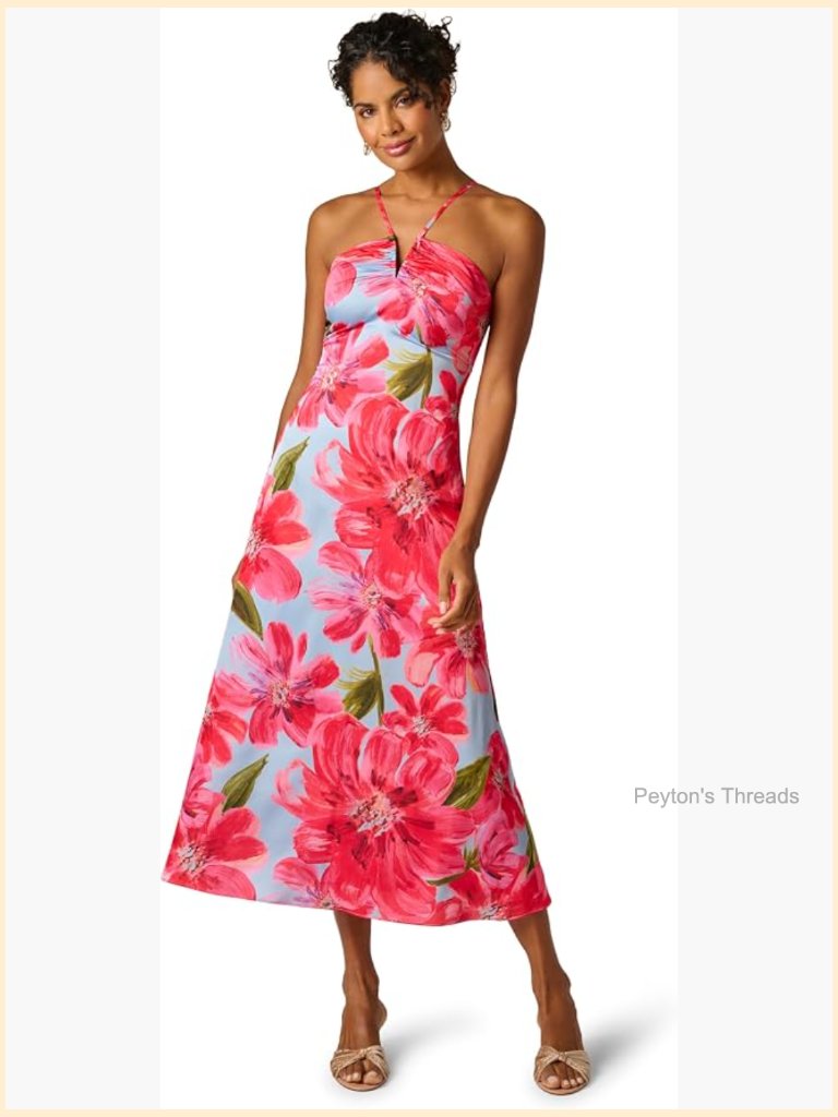 Strapless Printed Midi Dress Floral Crepe Satin Halter